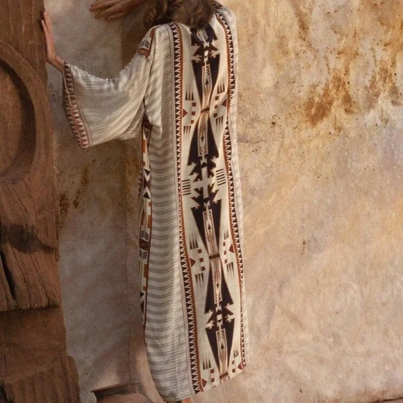 Bohemian Western Aztec Tribal Geo Belted Kimono Duster Cover up Beach - Picture 2 of 12